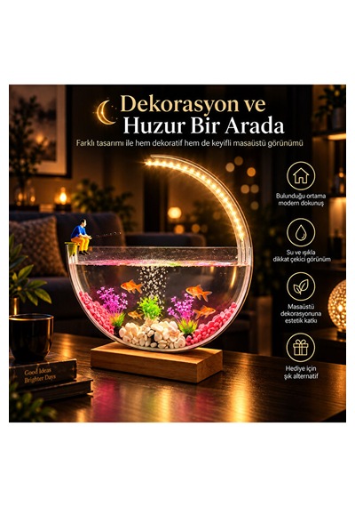 Led Işıklı Dekoratif Masaüstü Akvaryum Yarım Ay Tasarım Hava Kabarcıklı Balık