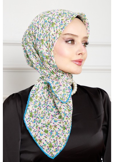 Sevitli Çiçek Desen Pamuklu Eşarp-yeşil-4417