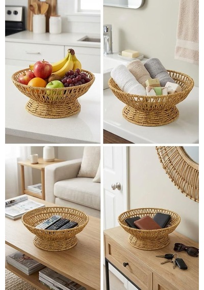 Lexroo 25 Cm Plastik Rattan Servis Çanağı, Doğal Hasır Görünümlü Dekoratif Meyve Ekmek Sunum Kasesi Çok Renkli