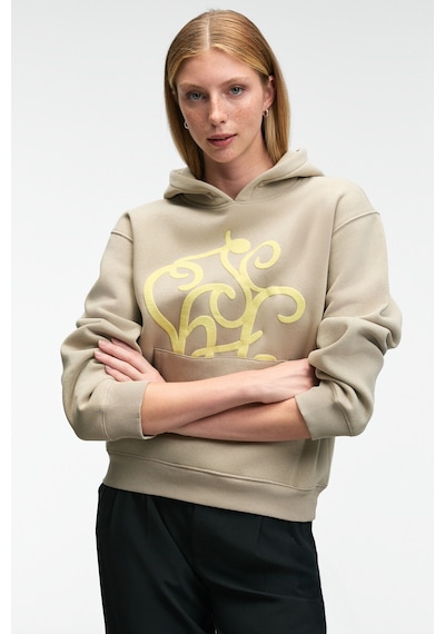 Grimelange LIORAEN Kadın Baskılı Relaxed Kanguru Cepli Kapüşonlu Taş Rengi Sweatshirt
