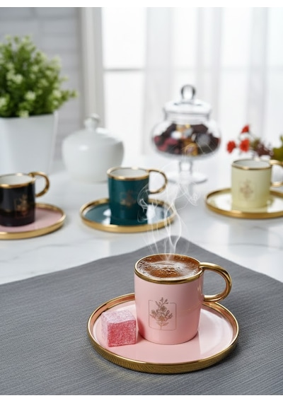 6 Lı Gold Detaylı Porselen Türk Kahvesi Fincan Takımı Pastel Renkli, Çiçek Desenli Fincanı Seti Çok Renkli