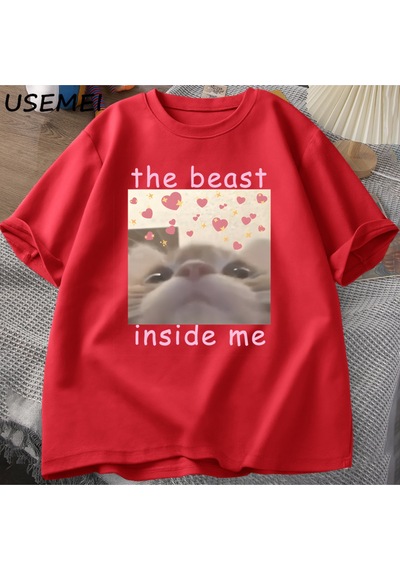 Flood Of Style The Beast Inside Me Cat Meme T-shirt Men Women Dank Memes Tee Shirt Silly Cats Unhinged Tshir Kırmızı