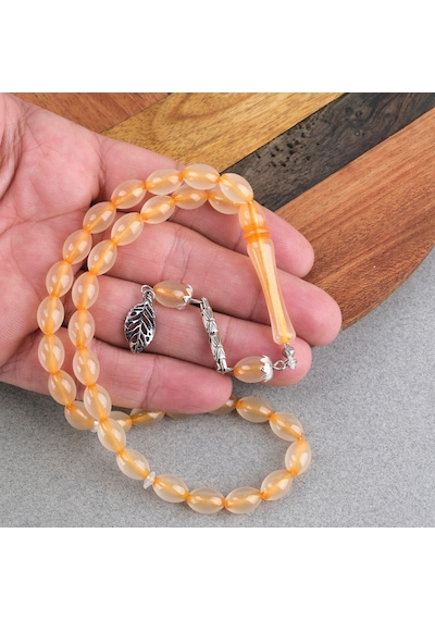 Kedigözü Toz Kehribar Alpaka Püsküllü Beyzi Kesim 7x11mm Tesbih Turuncu