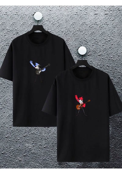 Unisex Kadın Erkek Mordecai Margaret Baskılı Sevgili Çift Kombini Tasarım Oversize Tshirt 2'li Siyah Mck2178 Siyah