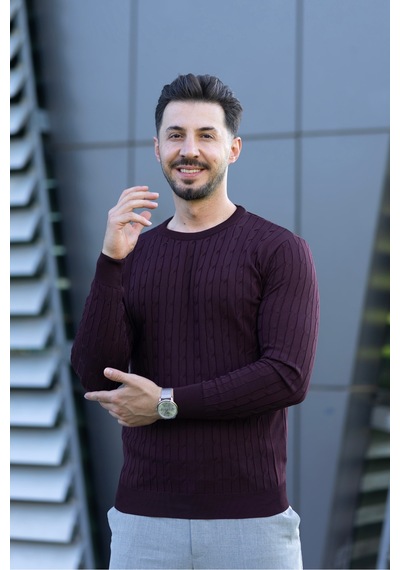 Hk Premium Triko Kazak Fitilli Slim Fit Bisiklet Yaka Likralı Kışlık Sweatshirt Bordo