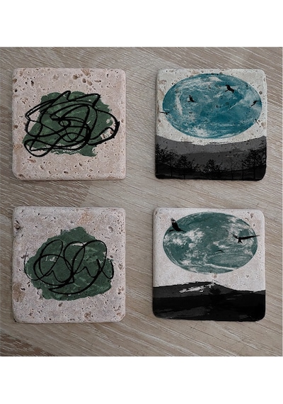 Soyut Tasarım Ve Manzara Doğal Taş Bardak Altlığı 4'lü Set - Natural Stone Coasters - Taş Çok Renkli