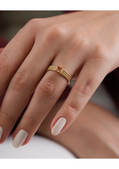 Debora Jewelry 14 Ayar Altın Kare Model Şampanya Taşlı Yüzük