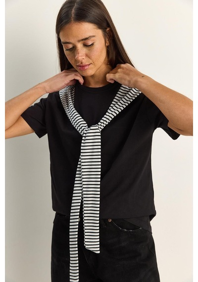 Shade Kadın Çizgili Şal Detaylı Relaxed Basic T-shirt 7679 60286112 - Siyah