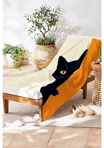Kedi Figürlü Modern Plaj Havlusu-minimalist Siyah Turuncu Havuz Deniz Hızlı Kuruyan Mikrofiber Havlu Pastel Çiçeği