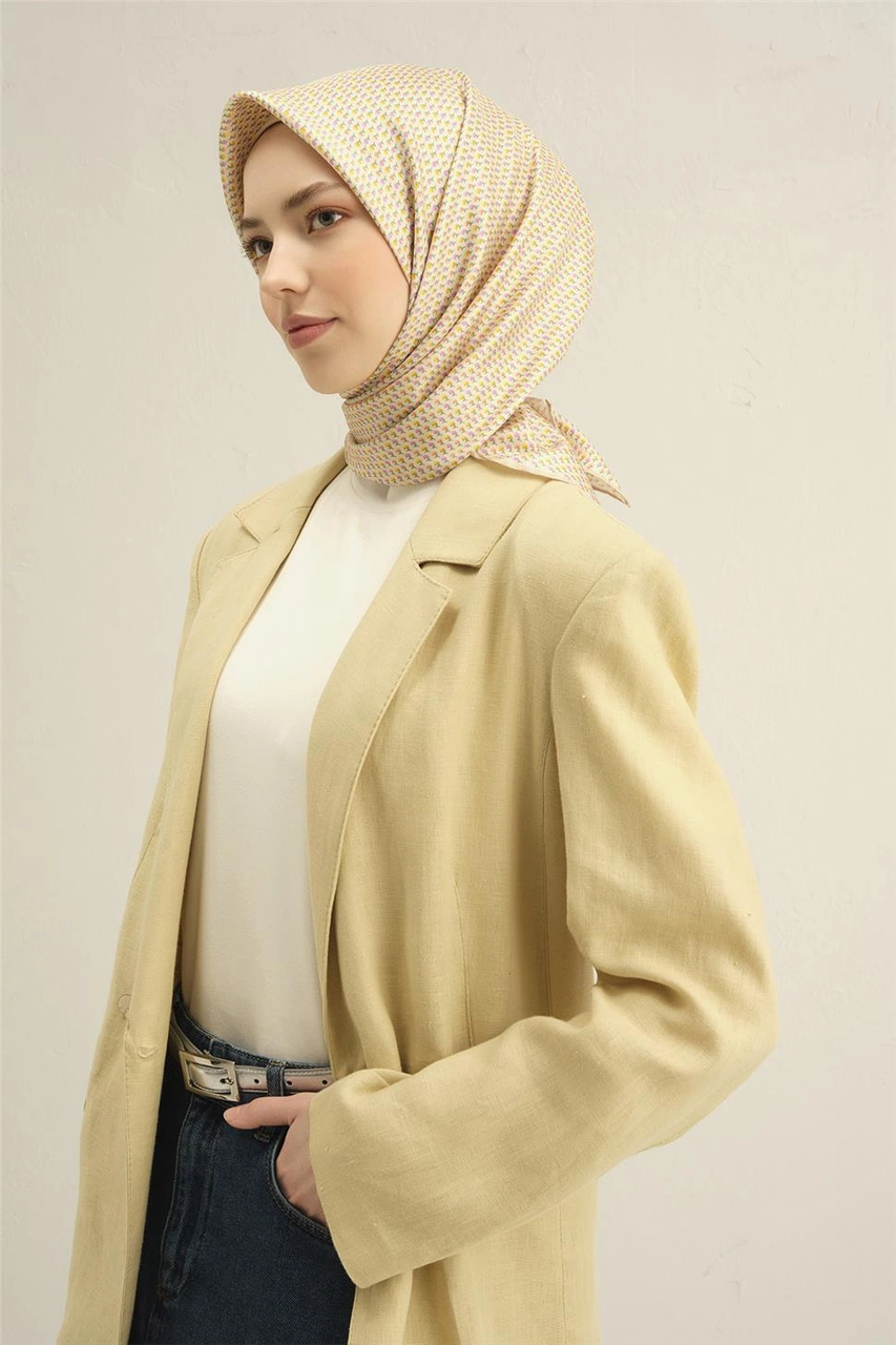 Armine Çiçek Desenli Saf İpek Twill Eşarp 9307d 01 Sarı