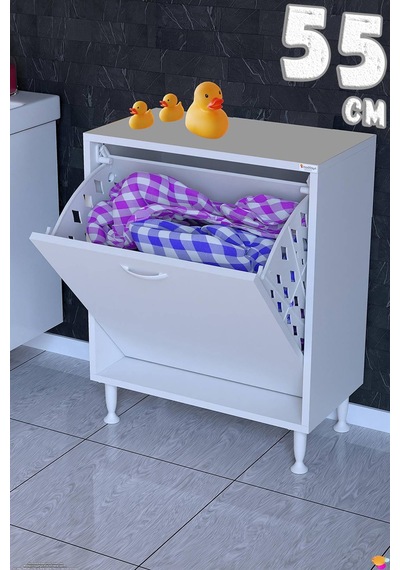 Söke 55 Cm 1 Gözlü Kirli Çamaşır Sepetli Çok Amaçlı Banyo Dolabı Beyaz