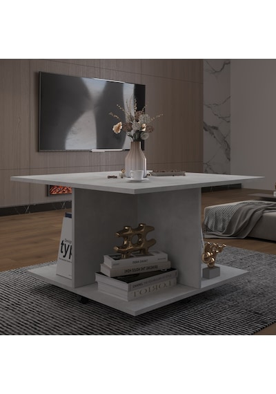 Asra Trend Kare Orta Sehpa OS002 %100 MDF Tekerlekli 4 Bölmeli Raf Takımı Retro Taş