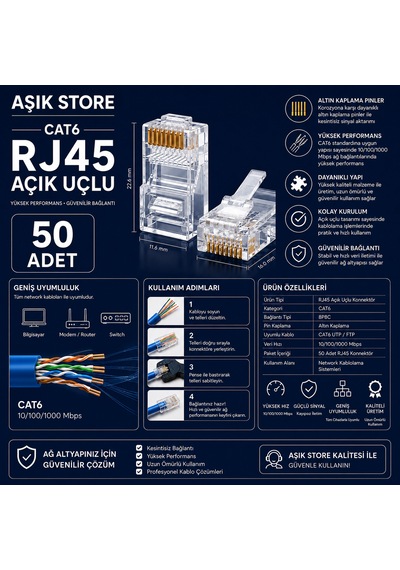 Cat6 Rj45 8p8c Ethernet Konnektör 50 Adet