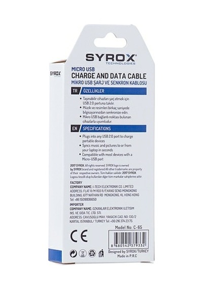 Syrox 2.0A Mıcro Usb Şarj Ve Data Kablosu C65 Hızlı Şarj