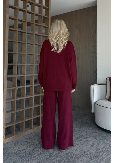 Laluvia Bordo Boğazlı Fitilli Triko Takım - 4671 Bordo