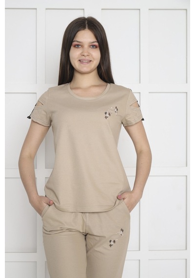 Kadın Spor Koyu Bej Alt-Üst T-Shirt Takım-3941 Koyu Bej