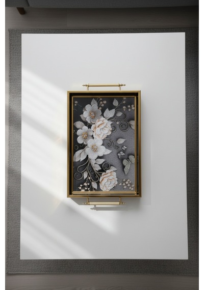 Siyah Kelebek Desenli 40x28cm Metal Kulplu Lüks Sunum Ve Servis Tepsisi