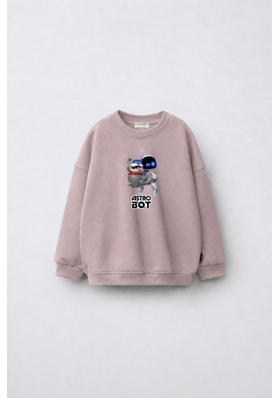 Fasardi Astro Bot Baskılı Oversize 3 İplik Şardonsuz Uzun Kollu Unisex Çocuk Sweatshirt Koyu Bej