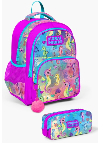 Coral High Kids Pembe Rengarenk Denizatı Desenli 2'li Okul Çanta Seti Set0214412