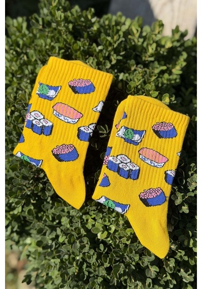 Lousocks Unisex Sushi Desenli Sarı Soket Çorap