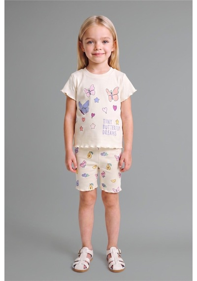 Defacto Baskılı Kıvırcık Kenarlı Fitilli Kaşkorse Şortlu 2li Pijama Takımı Kız Bebek H9310a526smwt46 Beyaz-wt46