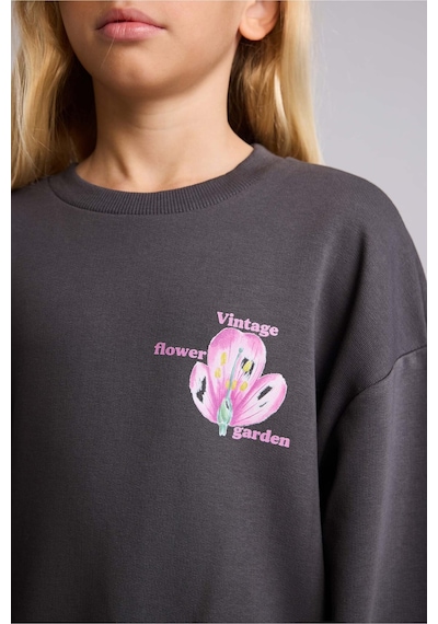 Defacto Relax Fıt Bisiklet Yaka Floral Sweatshirt Kız Çocuk I4172a826auar150 Antrasit-ar150
