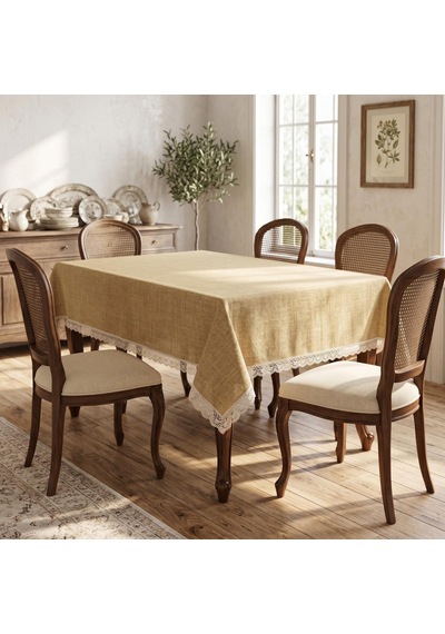 Efes Keten Polyester Kumaş Koyu Bej Masa Örtüsü Dikdörtgen 150x210 Cm -1612 Çok Renkli