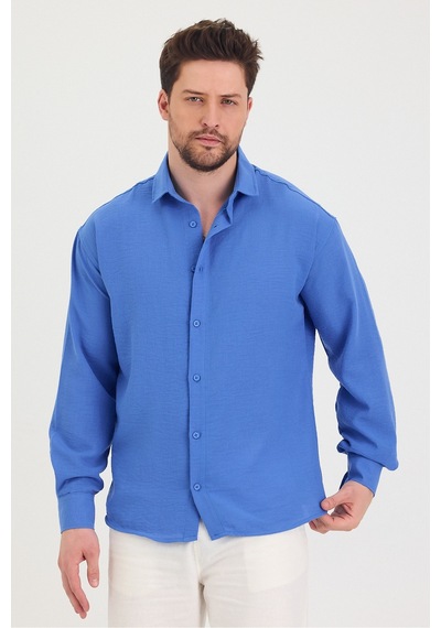 Cool Tarz Erkek Slim Fit Dar Kalıp Uzun Kol Pamuklu Keten Efekt Gömlek Saks Mavi Saks Mavi