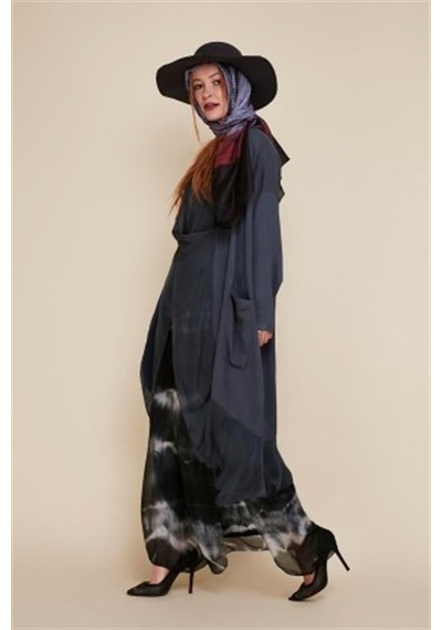 Bohem Stil Italyan Ipek Detaylı Oversize Kaftan & Bluz-8711 Antrasit
