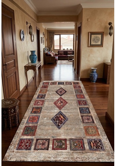 Yıkanabilir Etnik Desenli Dijital Baskı Kaymaz Kilim Kahverengi