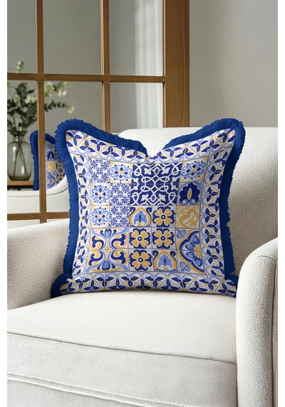 Lüks Vintage Motifli Saçaklı Yastık Kılıfı - Akdeniz Stili Mavi Altın Renkli Püsküllü Kırlent Kılıfı Mat Dumanlı Mercan Lüks Vintage Motifli Saçaklı Yastık Kılıfı - Akdeniz Stili Mavi Altın Renkli Püsküllü Kırlent Kılıfı Mat Dumanlı Mercan