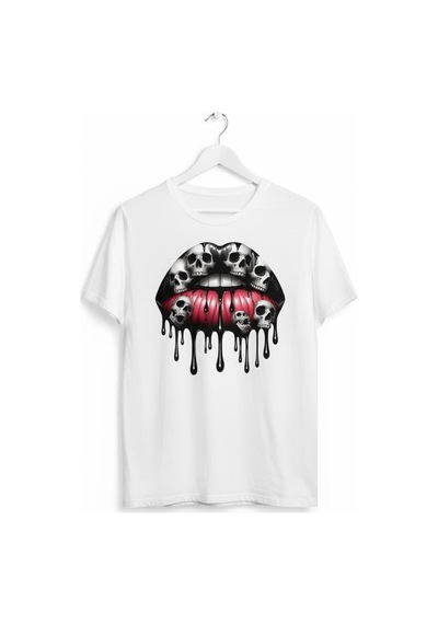 Kadın Kuru Kafa Dudak Baskılı Pamuklu T-shirt Beyaz