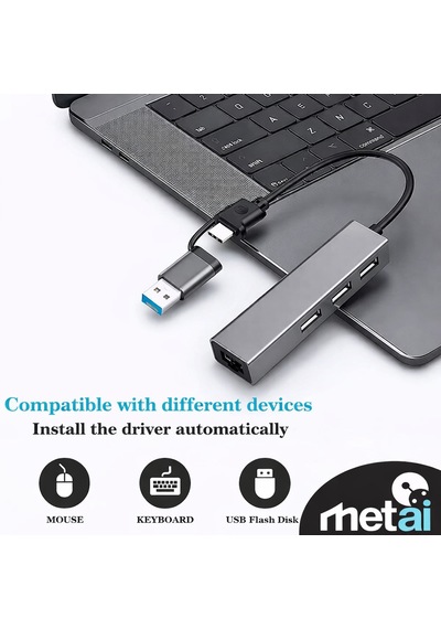 Metai Type-c Hub Adaptör 4in1 3x Usb 3.0 + 1000 Mbps Gigabit Ethernet Rj45 Lan Dönüştürücü