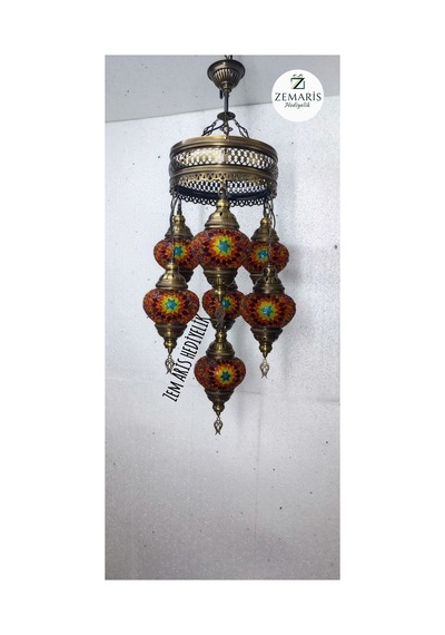 El Yapımı Otantik Mozaik 7 Li Avize Tavan Lambası Dekoratif Kırmızı - 786499679 Kırmızı