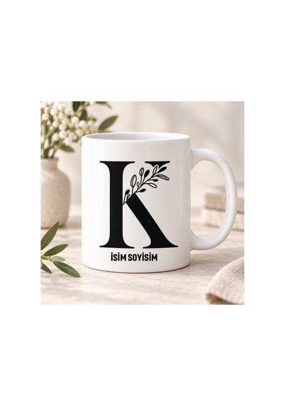 K Harfli İsim Alanlı Kupa Bardak Siyah Çiçekli Monogram 2 Beyaz Beyaz