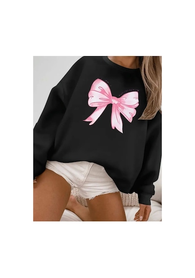 Herkesemoda Kurdele Baskılı Bisiklet Yaka İçi Polarlı Sweatshirt Siyah