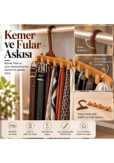 Kemer Ve Fular Askısı Çok Amaçlı Dolap İçi Düzenleyici 000 Açık Krem