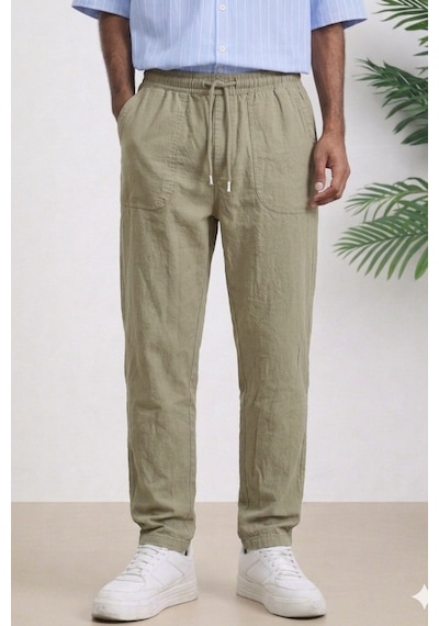 Tarz Cool Erkek Yazlık Keten Karışımı Relaxed Pantolon Vizon