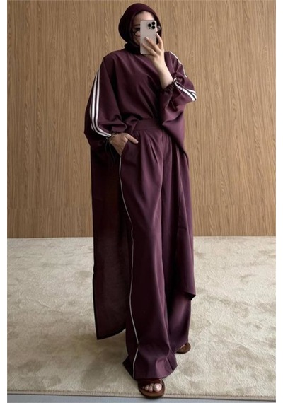 Neşeli Butik Kadın Bordo Şerit Detaylı Oversize Tunik Pantolon İkili Tesettür Takım Nms102