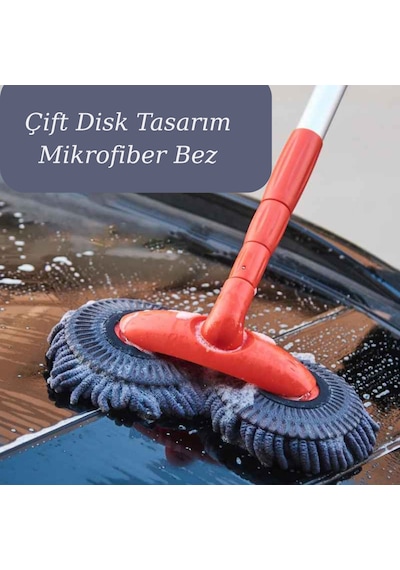 360 Dönebilen Teleskopik Mikrofiber Araba Yıkama Fırçası Çift Başlıklı Oto Temizlik Mopu Turuncu
