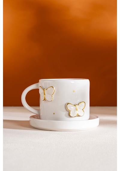 Rivaistanbul Gold Kelebek Amore El Yapımı Seramik Double Kahve Fincanı Mug Kupa Krem