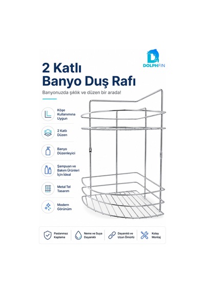2 Katlı Gümüş Banyo Duş Rafı Metal Köşe Şampuanlık Sabunluk Banyo Düzenleyici Raf Metalik