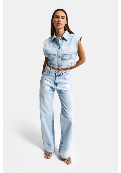 Itsbasic Kadın Ice T-4s6-3 Straight Fit Taş Ve Dantel Detaylı Özel Tasarım Denim Jean Buz Mavi