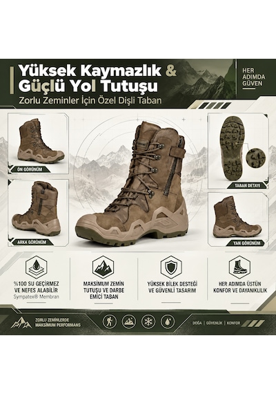 U Force Outdoor Bot Unisex Su Geçirmez Sympatex Kaymaz Dişli Taban Fermuarlı Hakiki Deri Haki