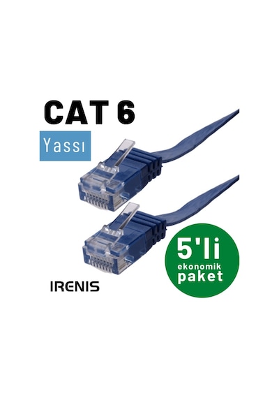 Irenis CAT6 Kablo Yassı Ethernet Network LAN Ağ Kablosu, 2 M-Mavi 5 Adet