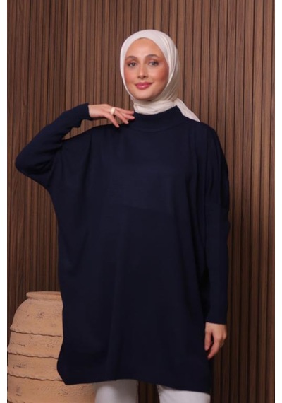 Balenbi Kadın Dik Yaka Basic 80cm Salaş Oversize Triko Tunik 1145 Lacivert