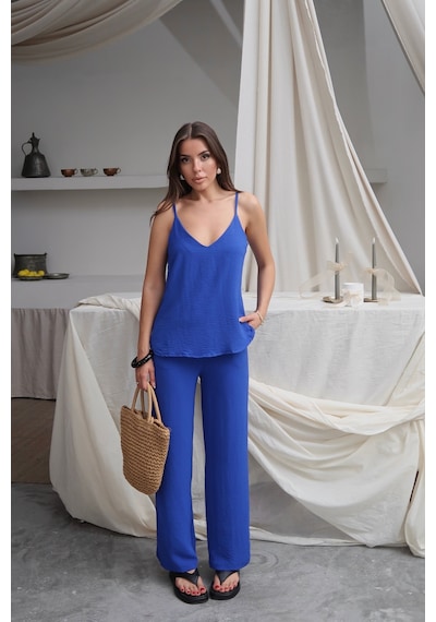 Paw Garage Kadın Shay Saks Ayrobin Ip Askılı Bluz Bol Paça Pantolon Takım, Yaz Yeni Sezon Mavi Paw Garage Kadın Shay Saks Ayrobin Ip Askılı Bluz Bol Paça Pantolon Takım, Yaz Yeni Sezon Mavi