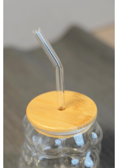 Bambu Kapaklı Üzüm Taneii Cam Pipetli 350 Ml Borosilikat Bardak çok renkli