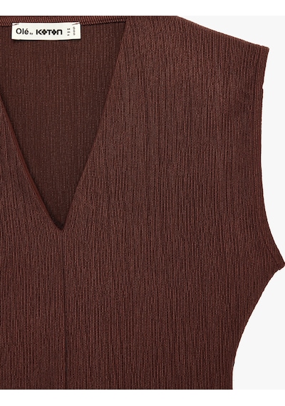 Koton Dokulu Kolsuz Slim Fit V Yaka Bluz Kahverengi 6sal30197ık Kahve