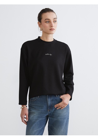 Lcw Comfort Siyah Bisiklet Yaka Nakışlı Kadın Sweatshirt